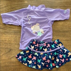Purple Kids Short-Sleeve Rashguard Swim Top with Navy Sea Creature Skirt